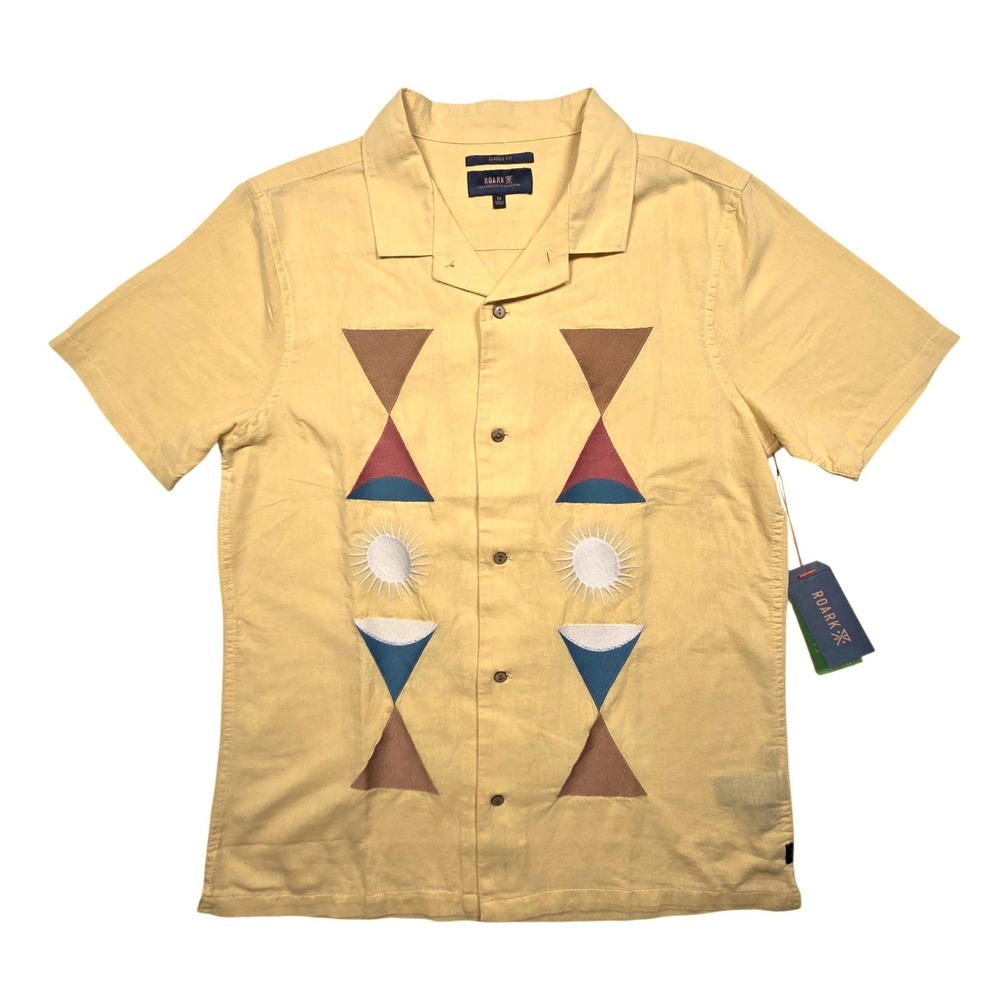 Roark Gonzo Shirt Mens M Yellow Linen Organic Cotton Camp Collar Embroidered NWT